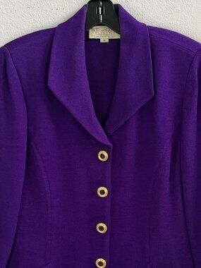 St. John Collection Santana Knit Skirt Suit Sz 6 Purple Gold Button Jacket Set